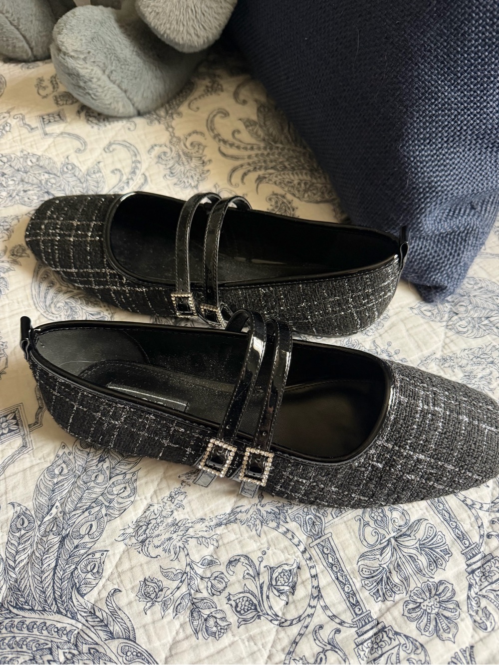 RACHEL Rachel Roy Black Tweed Mary Jane Flats with Patent Double Straps - Picture 2 of 4